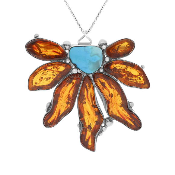 Sterling Silver Amber Turquoise Half Flower Necklace D