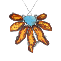 Sterling Silver Amber Turquoise Half Flower Necklace D