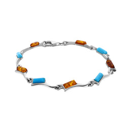 Sterling Silver Amber Turquoise Nine Stone Oblong Off Set Bracelet B609B_2