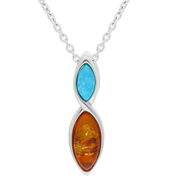 Sterling Silver Amber Turquoise Two Stone Marquise Necklace P1379