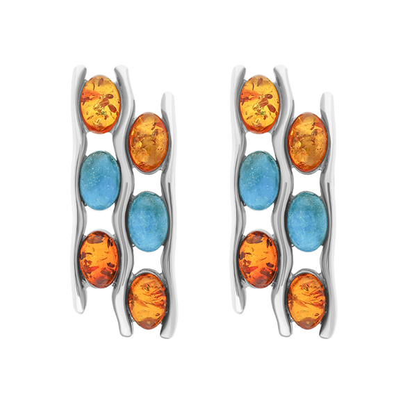 Sterling Silver Amber Turquoise Wavy Six Stone Stud Earrings E954