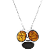 Sterling Silver Amber Whitby Jet Oval Tri Stone Pendant Necklace D, P1001_AMB