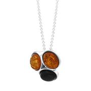 Sterling Silver Amber Whitby Jet Oval Tri Stone Pendant Necklace D