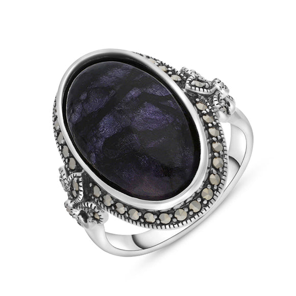 Sterling Silver Blue John Marcasite Frame Large Oval Ring, R782