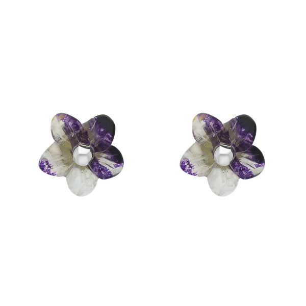 Sterling Silver Blue John Tuberose Pansy Stud Earrings, E2152.