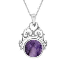 Sterling Silver Blue John Whitby Jet Double Sided Round Swivel Fob Necklace, P110_2.