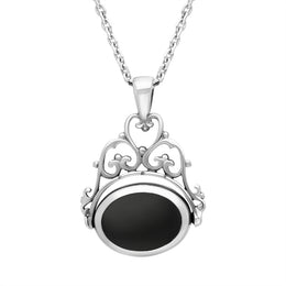 Sterling Silver Blue John Whitby Jet Ornate Double Sided Oval Swivel Fob Necklace, P110_4.
