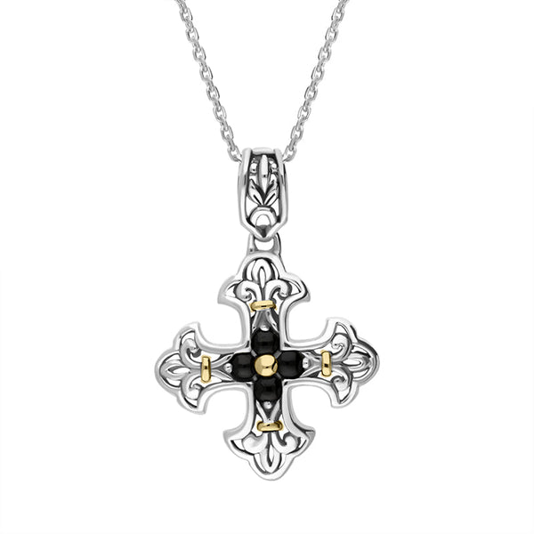 Sterling Silver Whitby Jet Ornate Cross Necklace D