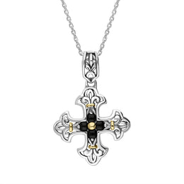 Sterling Silver Whitby Jet Ornate Cross Necklace D