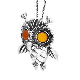 Sterling Silver Large Amber Owl Necklace