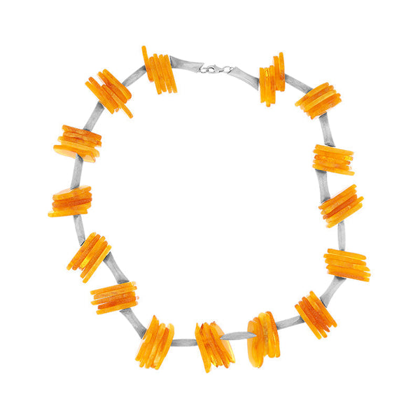 Sterling Silver Mixed Amber Rough Cut Bar Necklet, 25.