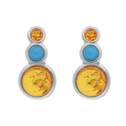Sterling Silver Three Stone Round Graduated Amber Turquoise Stud Earrings