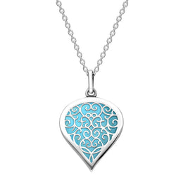 Sterling Silver Turquoise Flore Filigree Medium Heart Necklace. P3630.