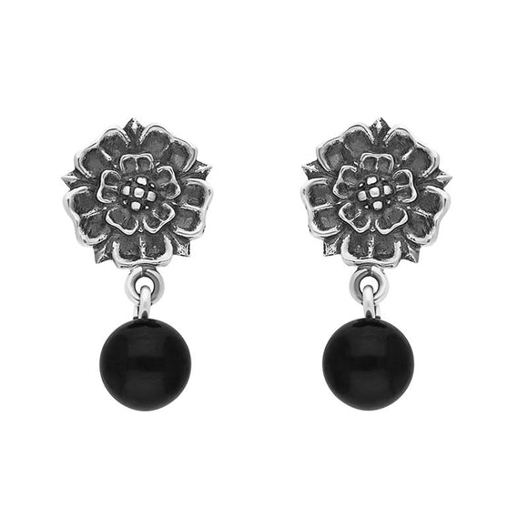 Sterling Silver Whitby Jet 6mm Bead Rose Top Drop Earrings, E1628