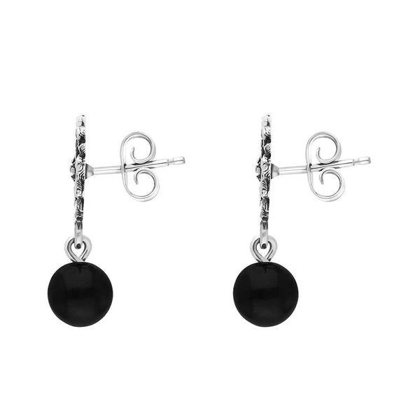 Sterling Silver Whitby Jet 6mm Bead Rose Top Drop Earrings
