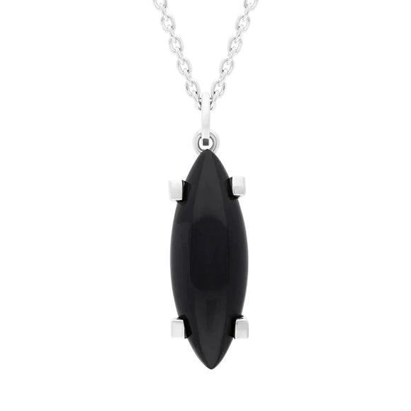 Sterling Silver Whitby Jet Long Marquise Claw Set Necklace D P1727.