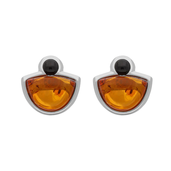 Sterling Silver Whitby Jet Amber Half Moon Round Stud Earrings