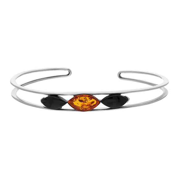 Sterling Silver Whitby Jet Amber Three Stone Marquise Cuff Bangle, B1187_2.