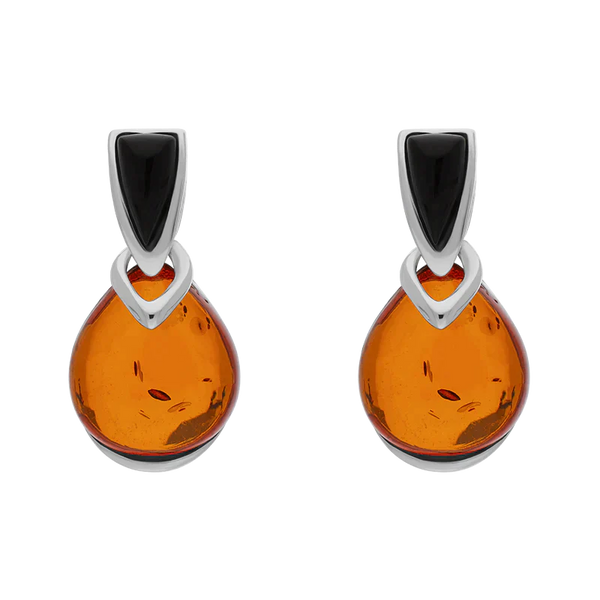 Sterling Silver Whitby Jet Amber Triangle Top Round Drop Earrings E1651