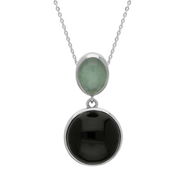 Sterling Silver Whitby Jet Aquamarine Two Stone Drop Necklace, PUNQ0001389.
