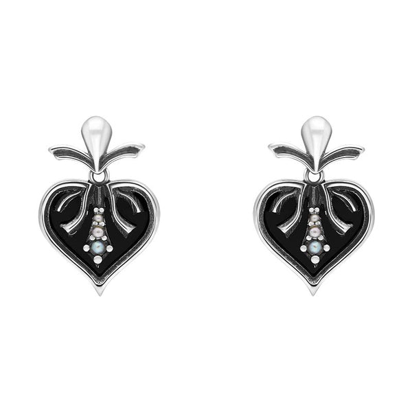 Sterling Silver Whitby Jet Freshwater Pearl Victoriana Drop Earrings, E1631