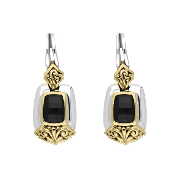 Sterling Silver Whitby Jet Ornate Clip Drop Earrings D GAL0298