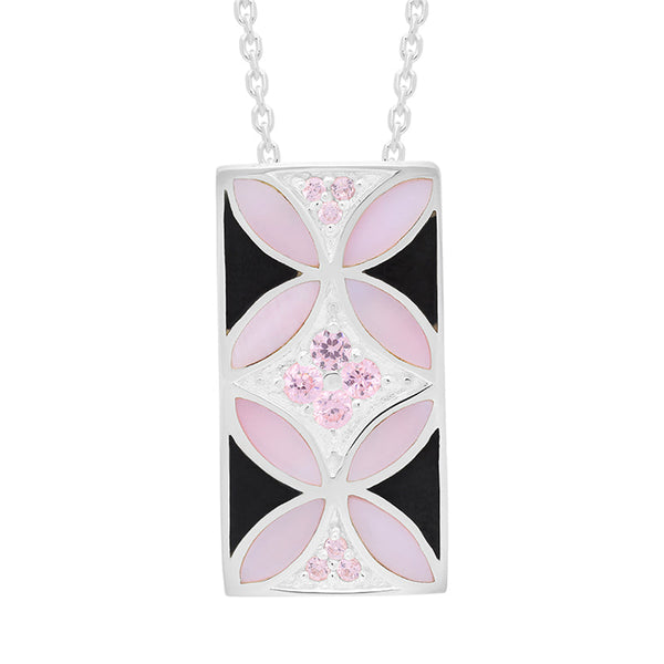 Sterling Silver Whitby Jet Pink Mother of Pearl Oblong Flower Necklace D P954CB.