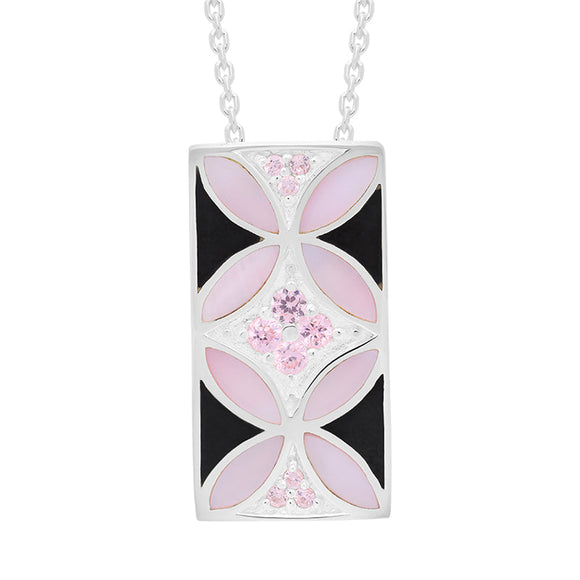 Sterling Silver Whitby Jet Pink Mother of Pearl Oblong Flower Necklace D P954CB.
