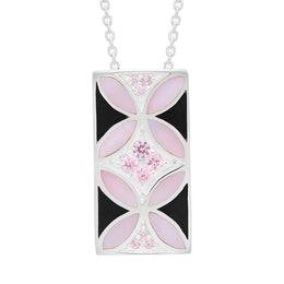 Sterling Silver Whitby Jet Pink Mother of Pearl Oblong Flower Necklace D P954CB.