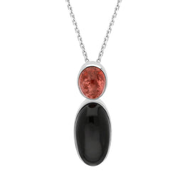 Sterling Silver Whitby Jet Pink Tourmaline Oval Two Stone Necklace, PUNQ0001062.