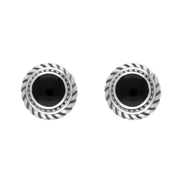 Sterling Silver Whitby Jet Round Rope Edge Omega Clip Earrings D 0038
