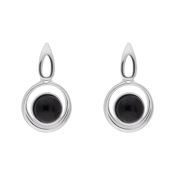 Sterling Silver Whitby Jet Round Swirl Drop Earrings E2564