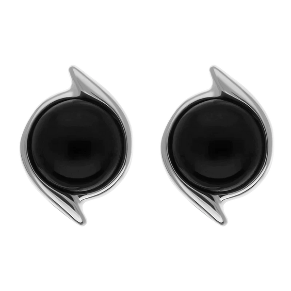 Sterling Silver Whitby Jet Round Swirl Edge Stud Earrings E2579