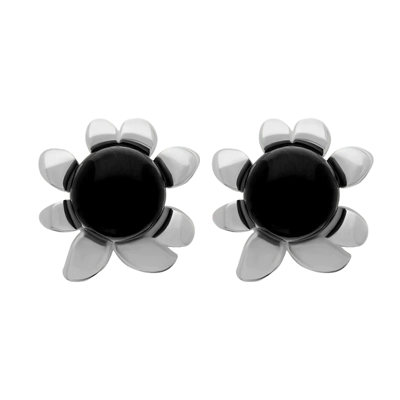 Sterling Silver Whitby Jet Small Round Petal Edge Stud Earrings E2571