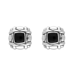Sterling Silver Whitby Jet Square Weave Edge Omega Clip Earrings D 0008
