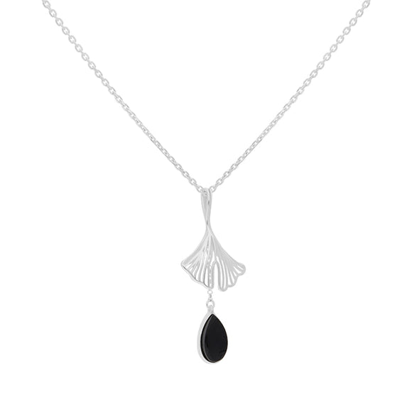 Sterling Silver Whitby Jet Teardrop Ginkgo Biloba Leaf Pendant_2.
