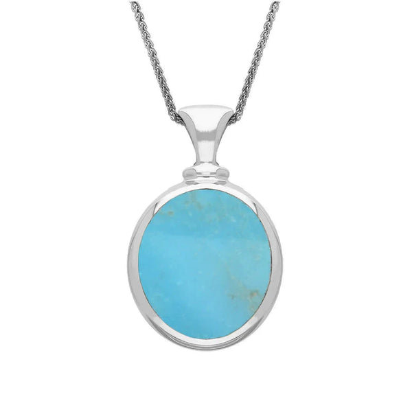 Sterling Silver Whitby Jet Turquoise Small Double Sided Oval Fob Necklace, P219.